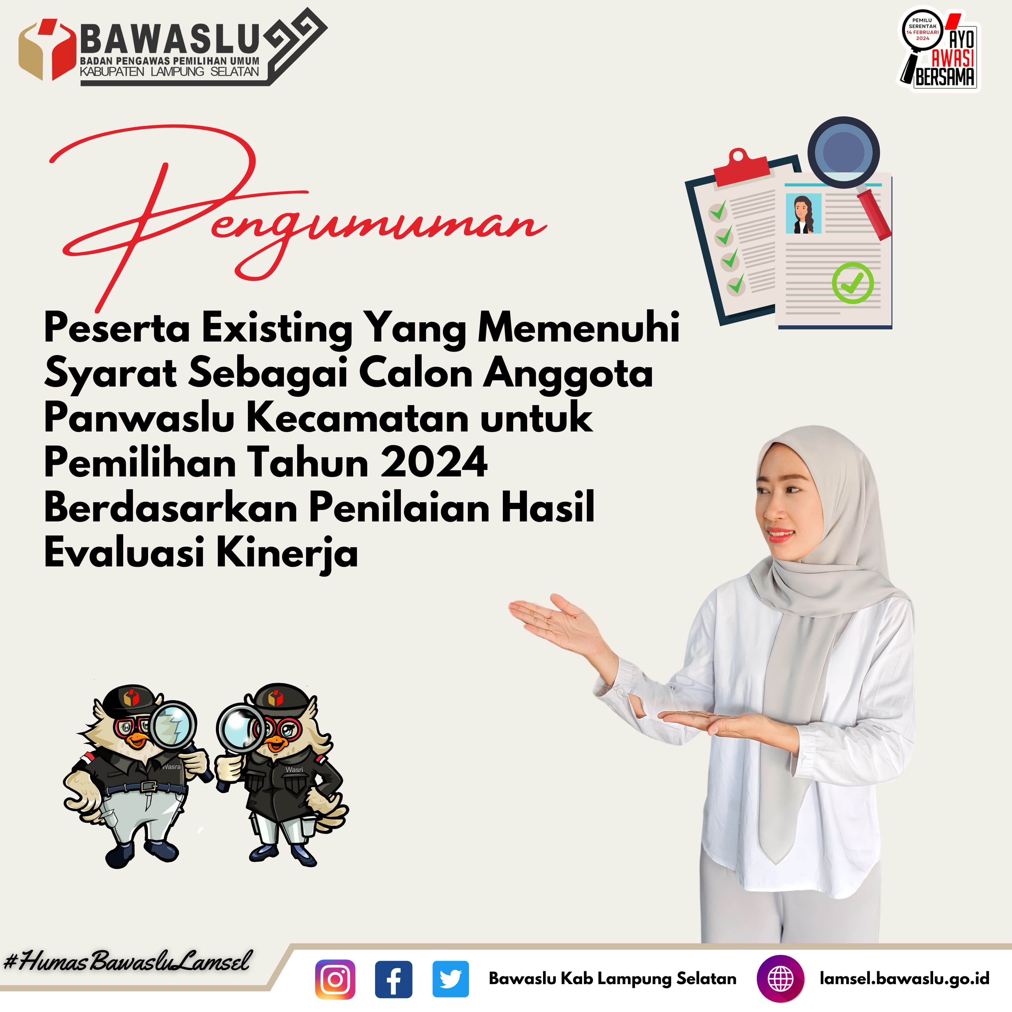 Badan Pengawas Pemilu Kabupaten Lampung Selatan (Bawaslu Lamsel) umumkan penetapan 44 orang anggota panwaslu kecamatan 